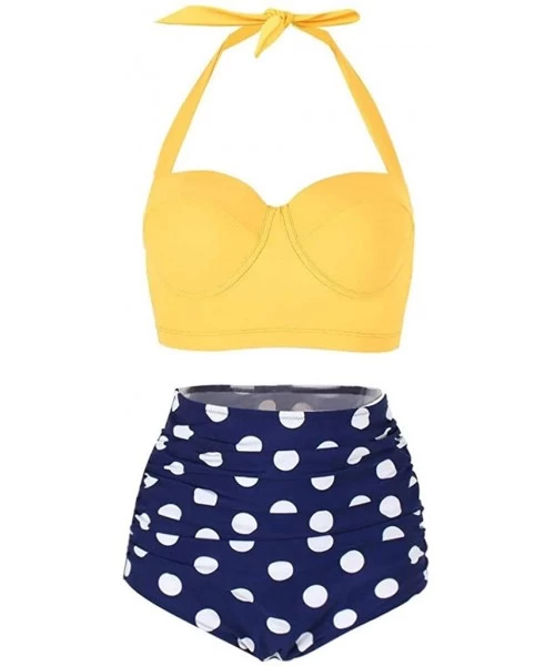 Sets Two Piece Swimsuits for Women Bathing Suits Top Halter Polka Dot High Waisted Bikini Bottoms Tankini Set - Yellow - CT19...