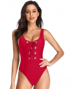 One-Pieces Women's Scoop Neck Lace Up High Cut Cheeky One Piece Swimwear Bathing Suit Maillot - Red - CH18E73AC6R