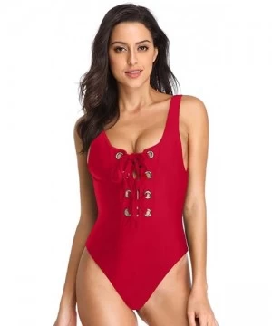 One-Pieces Women's Scoop Neck Lace Up High Cut Cheeky One Piece Swimwear Bathing Suit Maillot - Red - CH18E73AC6R