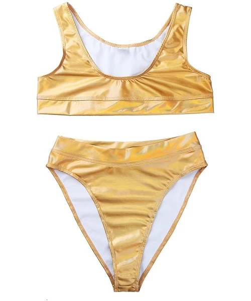 Sets Shiny Metallic Women's Two Pieces Bikini Sets Swimsuit Low Scoop Crop Top High Waisted High Cut Cheeky Bottom Gold - CS1...