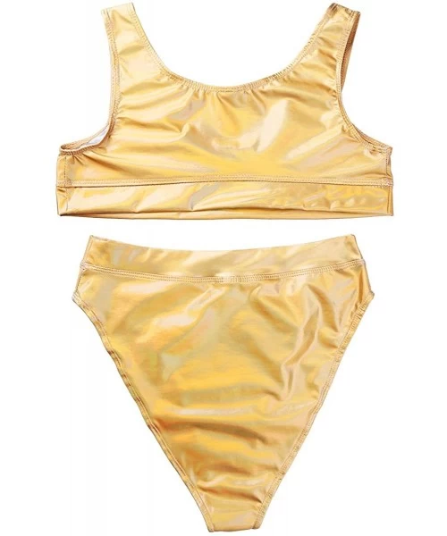 Sets Shiny Metallic Women's Two Pieces Bikini Sets Swimsuit Low Scoop Crop Top High Waisted High Cut Cheeky Bottom Gold - CS1...