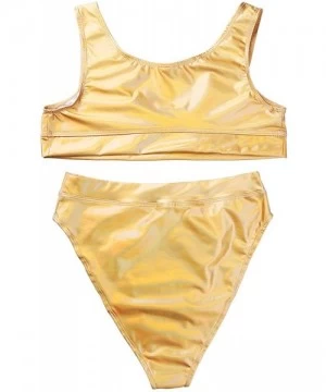 Sets Shiny Metallic Women's Two Pieces Bikini Sets Swimsuit Low Scoop Crop Top High Waisted High Cut Cheeky Bottom Gold - CS1...