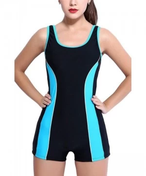 One-Pieces Women Boyleg One Piece Swimsuit Athletic Racerback Swimwear Bathing Suit - Black/Blue U-back - CM18KN6ZD05