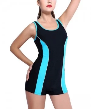 One-Pieces Women Boyleg One Piece Swimsuit Athletic Racerback Swimwear Bathing Suit - Black/Blue U-back - CM18KN6ZD05