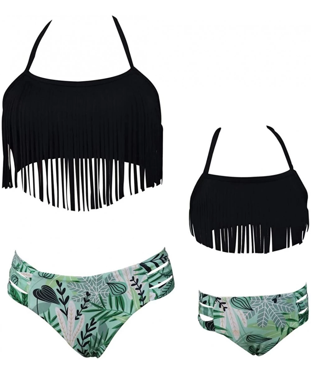 Sets Girls Swimsuit Two Pieces Bikini Set Tassel Falbala Matching Swimwear Bathing Suits - Black - CW18OWIQKEQ