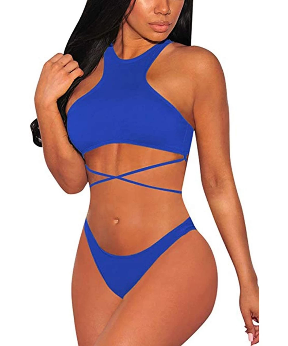 Sets Women's Strappy Back High Neck Lace-up Bikini Set Bathing Suit - Blue - CO18Q8G2SQU