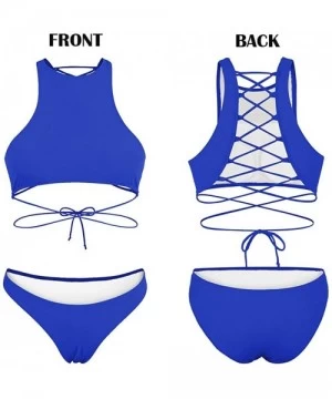 Sets Women's Strappy Back High Neck Lace-up Bikini Set Bathing Suit - Blue - CO18Q8G2SQU