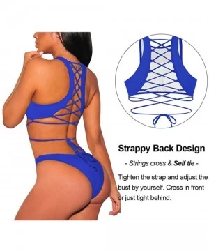 Sets Women's Strappy Back High Neck Lace-up Bikini Set Bathing Suit - Blue - CO18Q8G2SQU