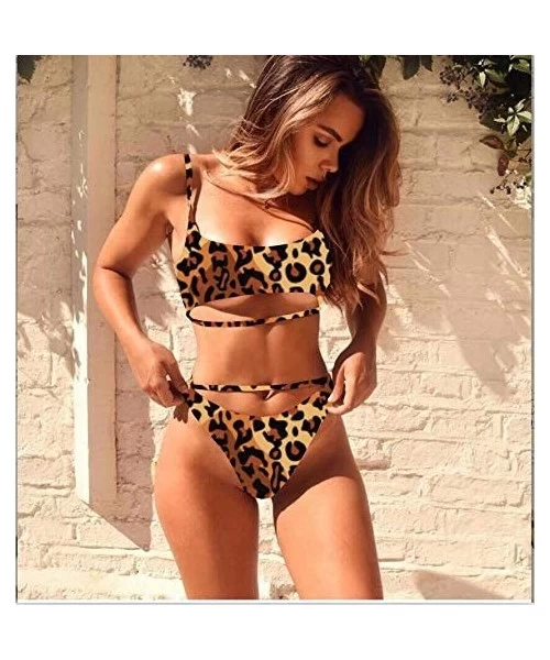 Sets Women's Sexy Scoop Neck Cutout Strappy High Waist Thong 2PCS Bikini Sets Swimsuit - A-leopard - C618ESIUKNC