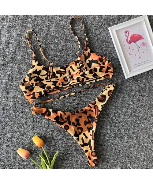 Sets Women's Sexy Scoop Neck Cutout Strappy High Waist Thong 2PCS Bikini Sets Swimsuit - A-leopard - C618ESIUKNC