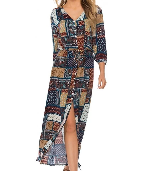 Board Shorts Women Vintage Plus Size Boho Button Down Patchwork Split Maxi Dress Elegant 3/4 Sleeve Bohemian Pleated Swing Lo...