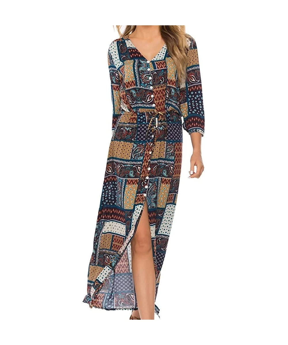 Board Shorts Women Vintage Plus Size Boho Button Down Patchwork Split Maxi Dress Elegant 3/4 Sleeve Bohemian Pleated Swing Lo...