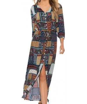 Board Shorts Women Vintage Plus Size Boho Button Down Patchwork Split Maxi Dress Elegant 3/4 Sleeve Bohemian Pleated Swing Lo...