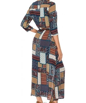 Board Shorts Women Vintage Plus Size Boho Button Down Patchwork Split Maxi Dress Elegant 3/4 Sleeve Bohemian Pleated Swing Lo...