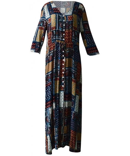 Board Shorts Women Vintage Plus Size Boho Button Down Patchwork Split Maxi Dress Elegant 3/4 Sleeve Bohemian Pleated Swing Lo...