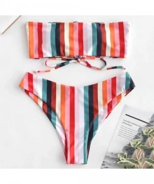 Sets Women's Two Piece Swimsuit Rainbow Colorful Strapless Hight Cut Lace Up Bandeau Bikini Set - Red - CX18T9E8QWW