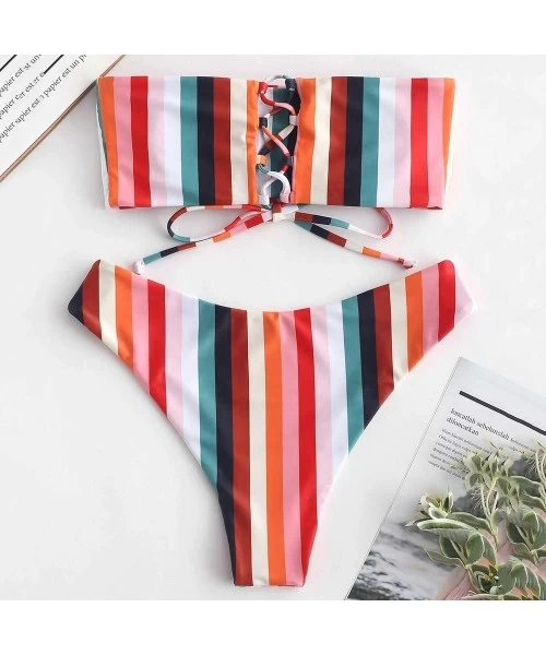 Sets Women's Two Piece Swimsuit Rainbow Colorful Strapless Hight Cut Lace Up Bandeau Bikini Set - Red - CX18T9E8QWW