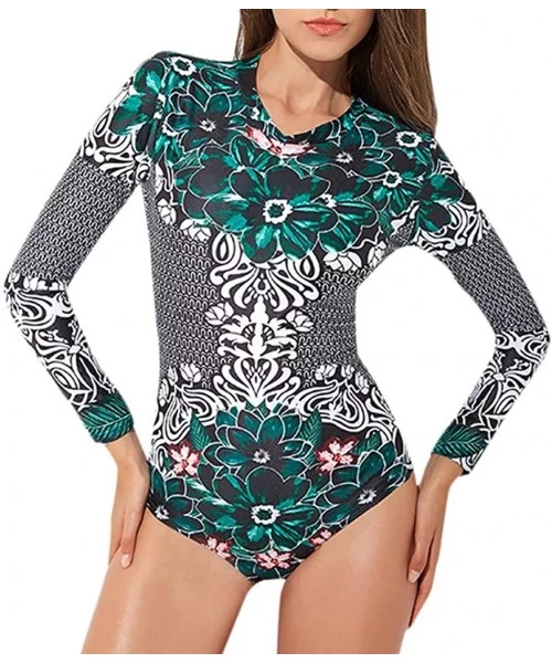 One-Pieces Women's One-Piece Sleeveless Rash Guard Printed UV Protection Printed Bathing Suits Surfing Swimsuit - Green - CY1...