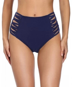 Bottoms Women Sexy Bikini Bottoms Strappy High Waisted Swim Bottom Black Swimsuit Briefs - Navy Blue - CQ194EGZR4C