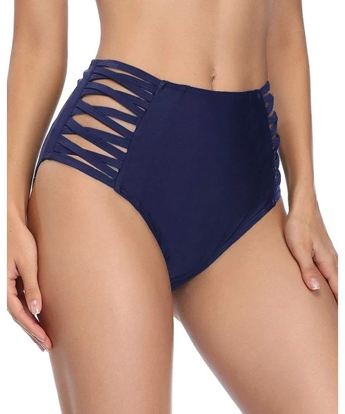 Bottoms Women Sexy Bikini Bottoms Strappy High Waisted Swim Bottom Black Swimsuit Briefs - Navy Blue - CQ194EGZR4C