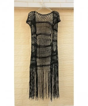 Cover-Ups Long Fringe Crochet Vest Bikini Cover up Hippie Summer Beachwear - Black - CX12ODJERMZ