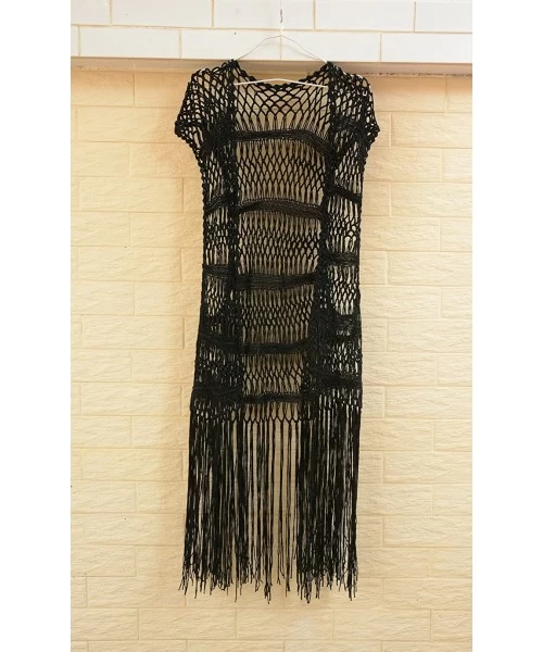 Cover-Ups Long Fringe Crochet Vest Bikini Cover up Hippie Summer Beachwear - Black - CX12ODJERMZ