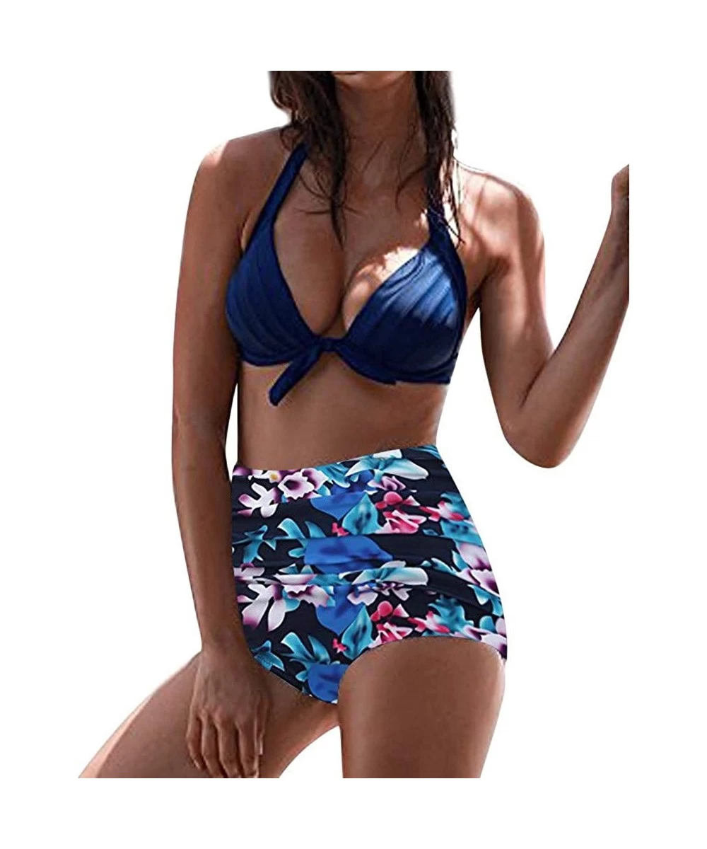 Racing Swimwear for Womens- Summer Beach High Waist Swimuit Female Retro ewear Set Beachwear Tankini Bikini - Sky Blue3 - CD1...