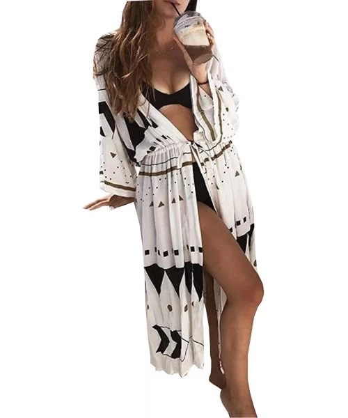 Cover-Ups Womens Bikini Cover Ups Beach Casual Dress Coverup Swimsuits Long Cardigan Buttons Chiffon - Triangle Pattern - CN1...