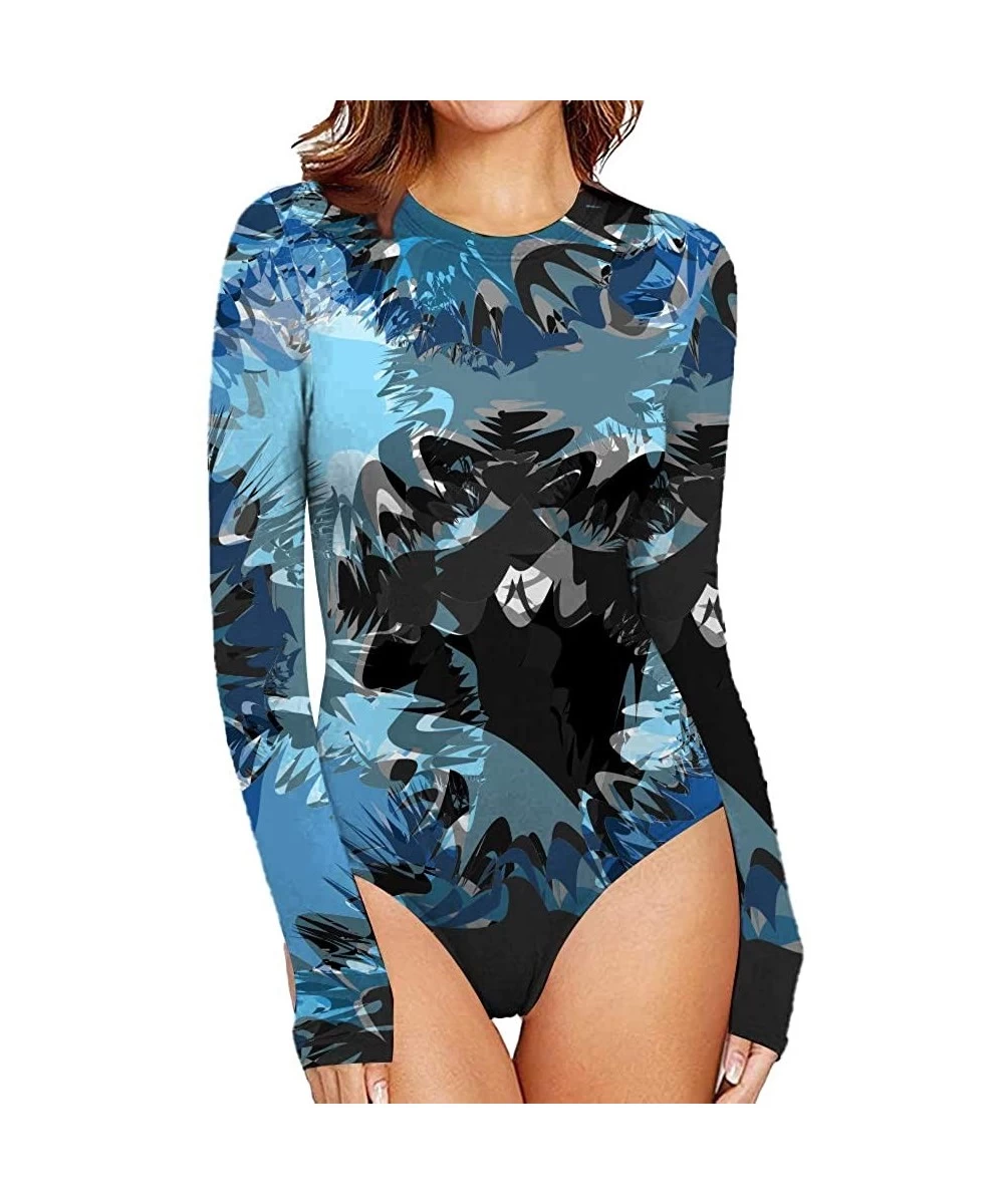 Rash Guards Women's Pattern Style Long Sleeve Tops Basic Round Collar Jumpsuits Bodysuit - Blue Leaves - CJ198D2G5CW