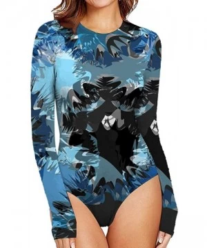 Rash Guards Women's Pattern Style Long Sleeve Tops Basic Round Collar Jumpsuits Bodysuit - Blue Leaves - CJ198D2G5CW