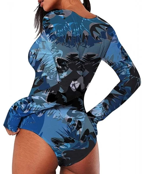 Rash Guards Women's Pattern Style Long Sleeve Tops Basic Round Collar Jumpsuits Bodysuit - Blue Leaves - CJ198D2G5CW