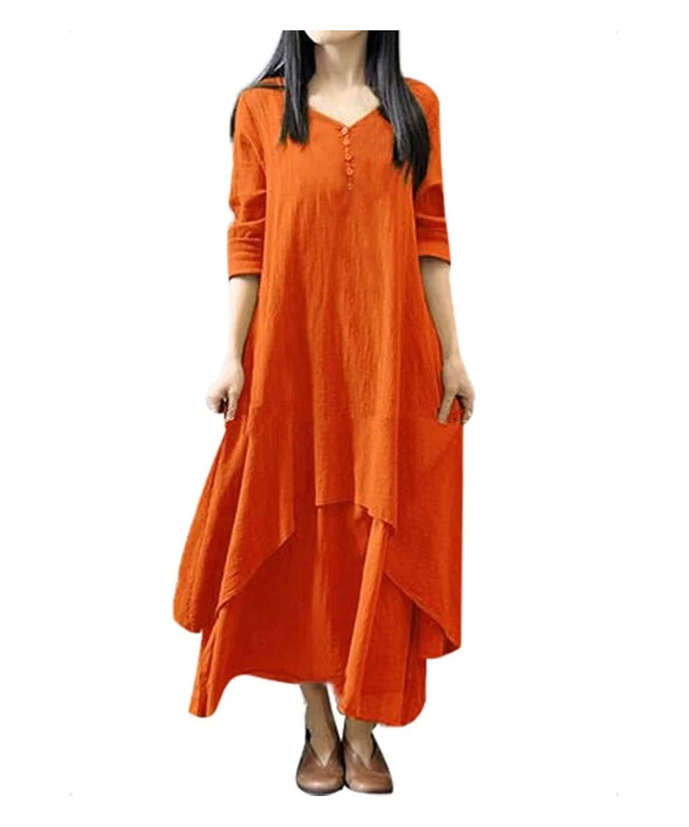 Cover-Ups Irregular Maxi Dresses for Women- Low-High Hem Linen Long Sleeve Dress Breathable Casual Orient Tunic Dress Shirts ...