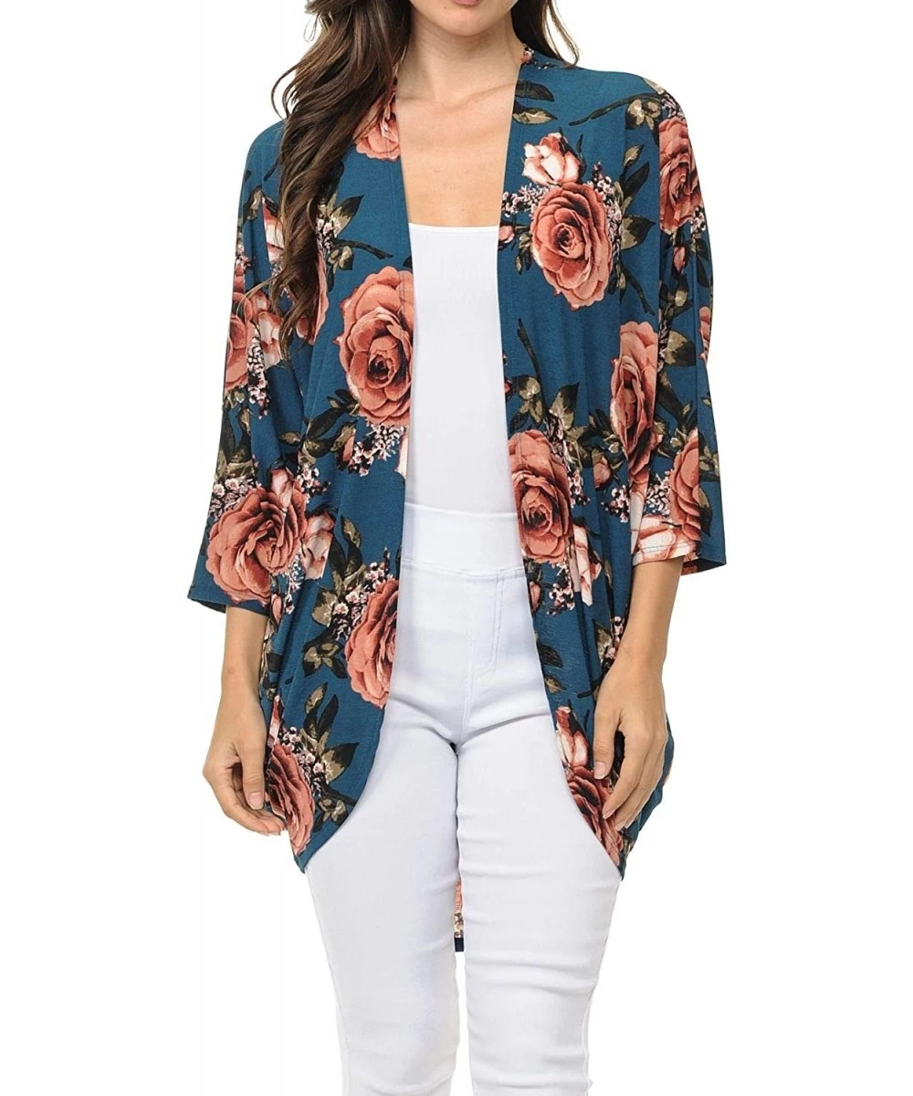 Cover-Ups Womens USA Made Casual Cover Up Cape Gown Robe Cardigan Kimono - Ksfbw1 - Rose Bloom Floral - Teal - CY18IQHAONC