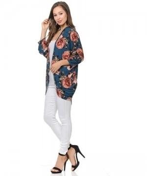 Cover-Ups Womens USA Made Casual Cover Up Cape Gown Robe Cardigan Kimono - Ksfbw1 - Rose Bloom Floral - Teal - CY18IQHAONC