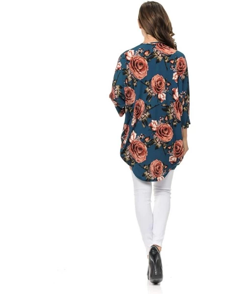 Cover-Ups Womens USA Made Casual Cover Up Cape Gown Robe Cardigan Kimono - Ksfbw1 - Rose Bloom Floral - Teal - CY18IQHAONC