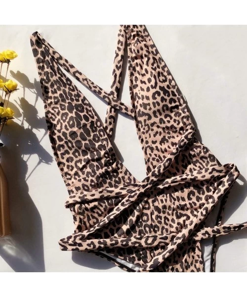 One-Pieces Women's Sexy Leopard One Piece Swimsuit Criss Cross Bandage Deep V Neck Swimwear Bathing Suit Monokini - Leopard -...