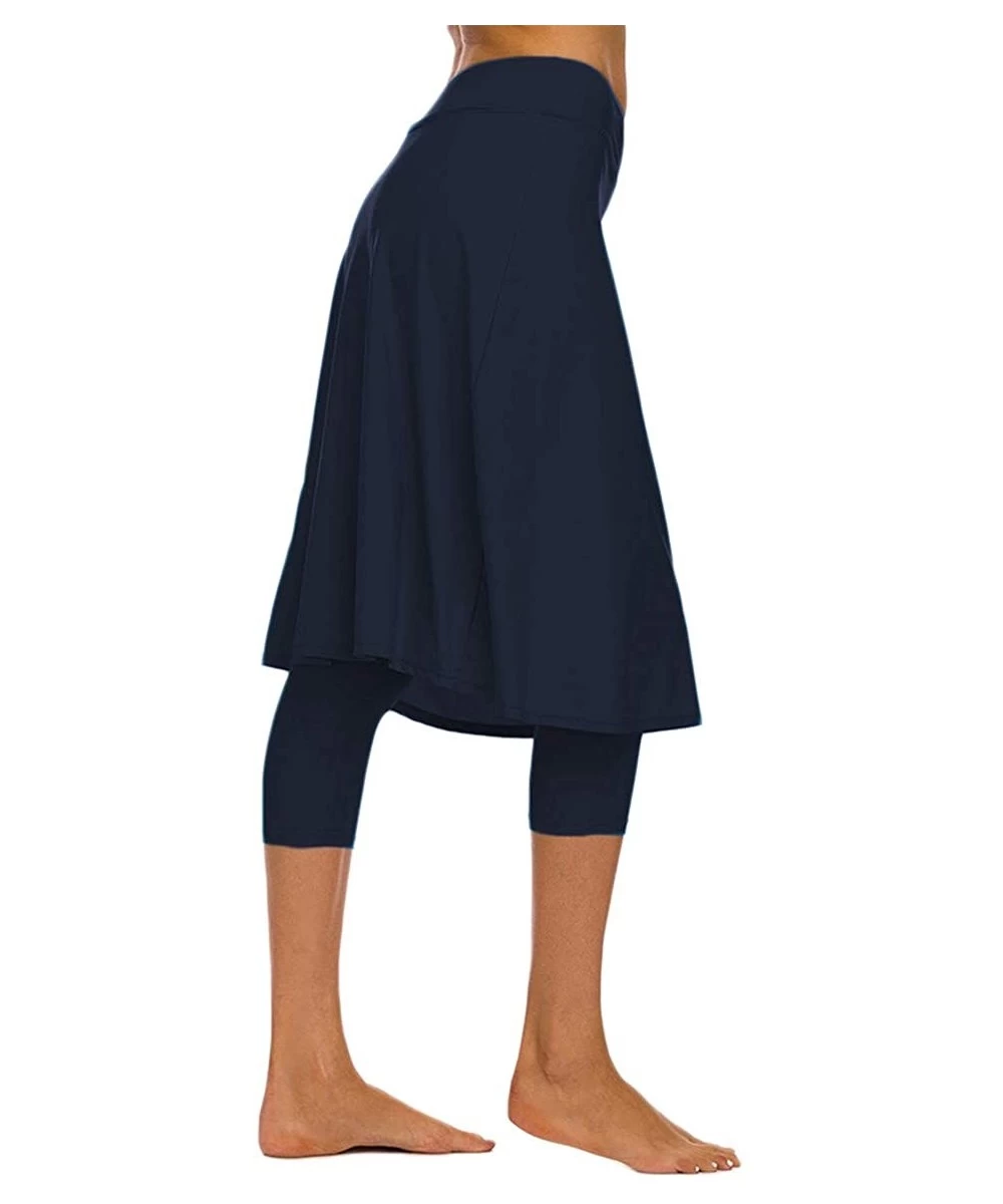 Bottoms Women's Modest Extra Long Swim Skirt with Capris Leggings Active Skirted Swimwear - Navy Blue - CN18X75M5ZW