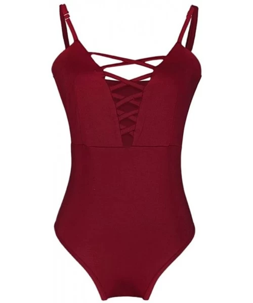 Sets Solid Color Strap Swimsuit-Women's Swimwear One Piece Swimsuit Push Up Bikini Bathing Suit(New) - Red - CD1890YEH0S