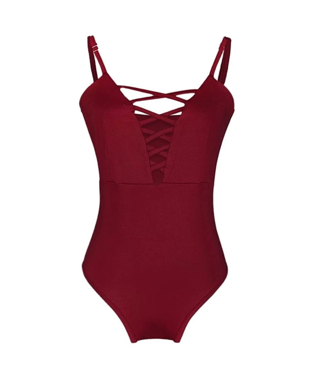 Sets Solid Color Strap Swimsuit-Women's Swimwear One Piece Swimsuit Push Up Bikini Bathing Suit(New) - Red - CD1890YEH0S