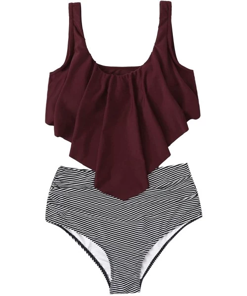 Sets Women's High Waisted Swimsuit Flounce Swimwear Two Piece Bikini Set - Burgundy-1 - C6197W8Z7EM