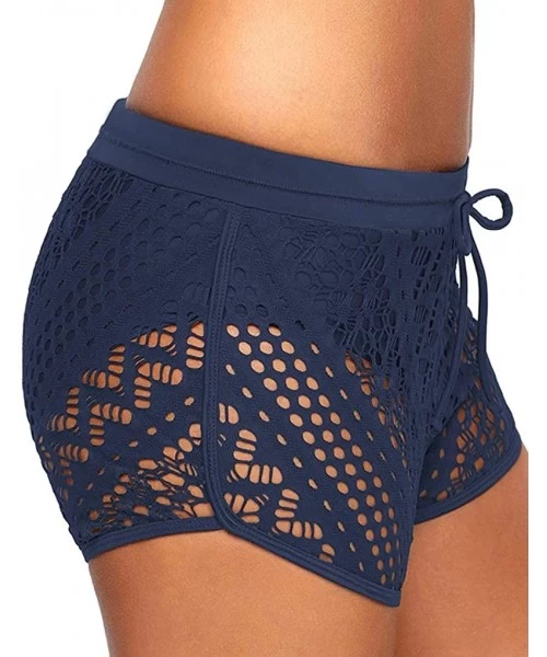 Bottoms Women Lace Overlay Swimsuit Shorts Hollow Out Tankini Swim Bottom S-XXL - Blue - CT18NAQ69WG