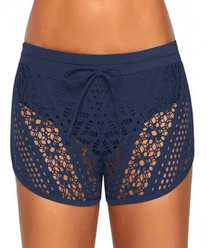 Bottoms Women Lace Overlay Swimsuit Shorts Hollow Out Tankini Swim Bottom S-XXL - Blue - CT18NAQ69WG