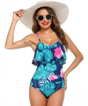 One-Pieces Womens One Piece Swimsuit Beach Swimwear Monokini Vintage Ruffled Bathing Suits - Blue Leaves - CN19D3A7EGG