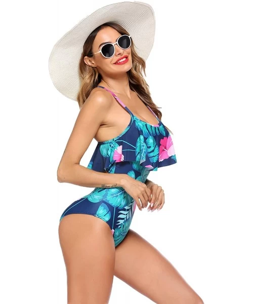 One-Pieces Womens One Piece Swimsuit Beach Swimwear Monokini Vintage Ruffled Bathing Suits - Blue Leaves - CN19D3A7EGG