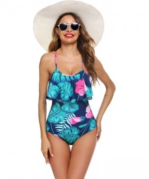 One-Pieces Womens One Piece Swimsuit Beach Swimwear Monokini Vintage Ruffled Bathing Suits - Blue Leaves - CN19D3A7EGG