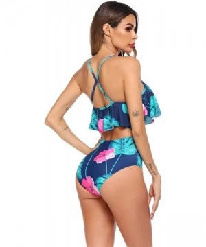 One-Pieces Womens One Piece Swimsuit Beach Swimwear Monokini Vintage Ruffled Bathing Suits - Blue Leaves - CN19D3A7EGG