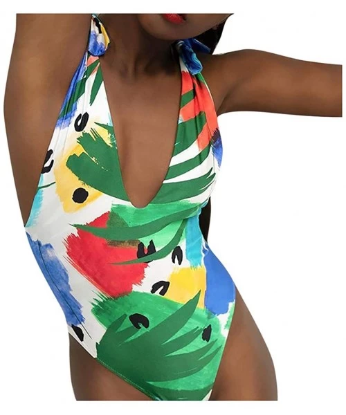 One-Pieces Women's One Piece Swimwear Deep V-Neck Plunge Monokini Backless High Waisted Swimsuit - Green - C31953QQOG0