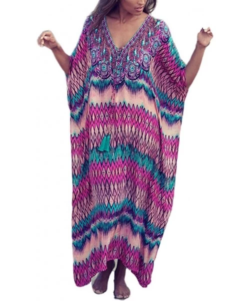 Cover-Ups Women's Swimsuit Cover ups Women'sTurkish Kaftans Fast Dry Ethnic Print Plus Size Maxi Beach Dress (530-Rose) - C21...