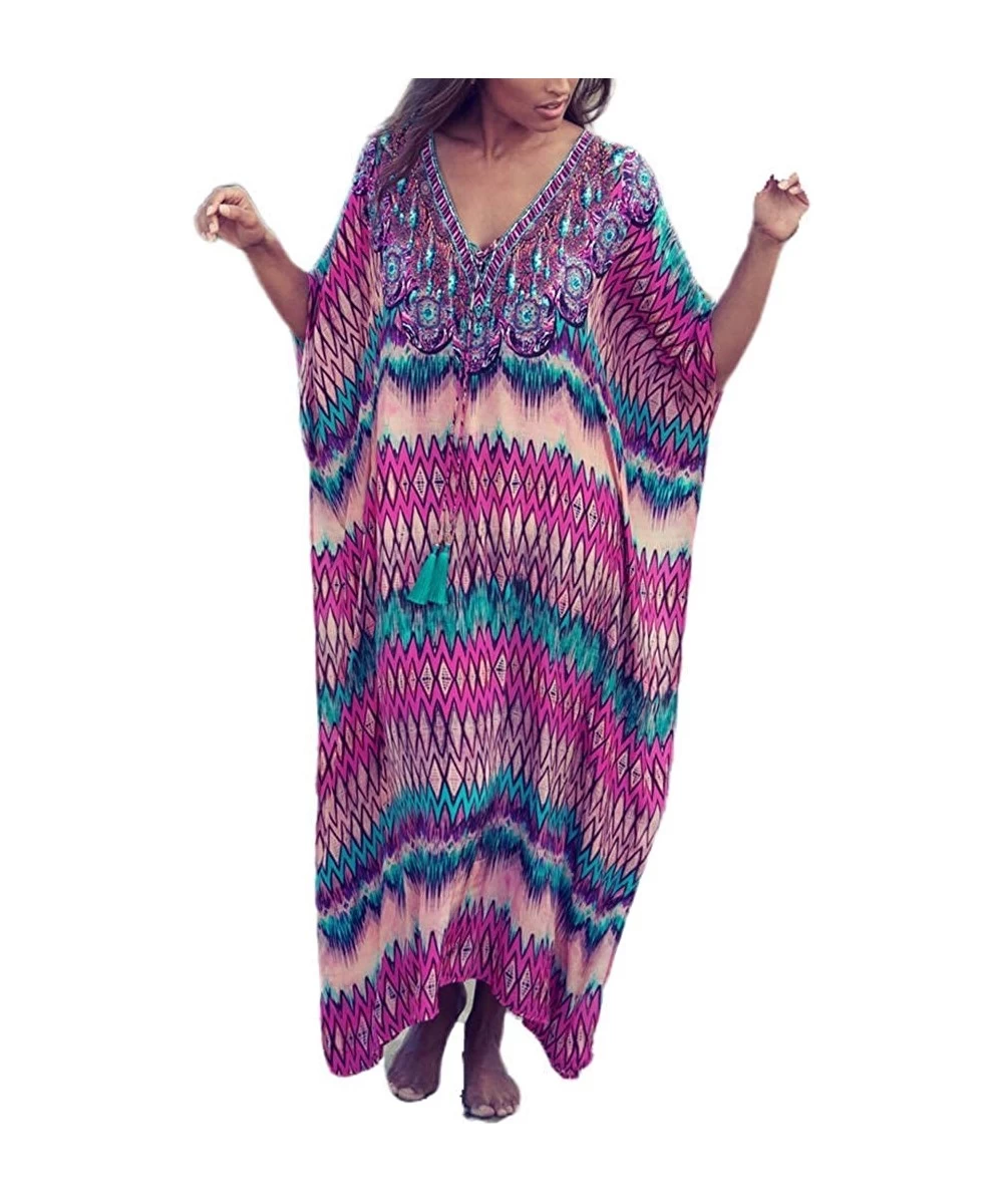 Cover-Ups Women's Swimsuit Cover ups Women'sTurkish Kaftans Fast Dry Ethnic Print Plus Size Maxi Beach Dress (530-Rose) - C21...