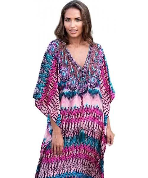 Cover-Ups Women's Swimsuit Cover ups Women'sTurkish Kaftans Fast Dry Ethnic Print Plus Size Maxi Beach Dress (530-Rose) - C21...